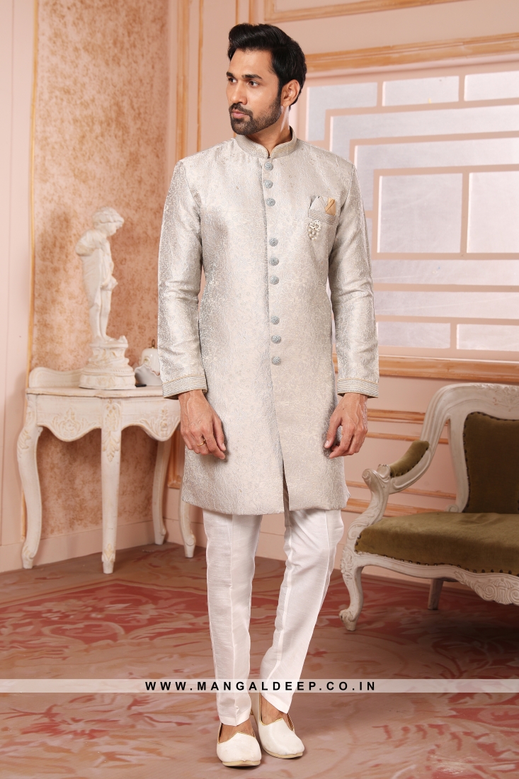 men s peach nawabi indo western sherwani with art silk pant 55836