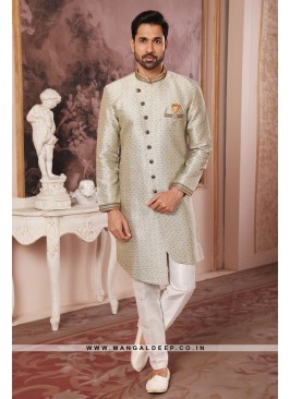 Men's Cream Nawabi Indo Western Sherwani With Art Silk Pant