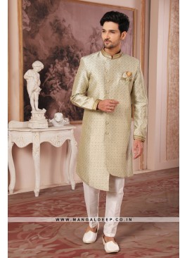 Men's Cream Nawabi Indo Western Sherwani With Art Silk Pant