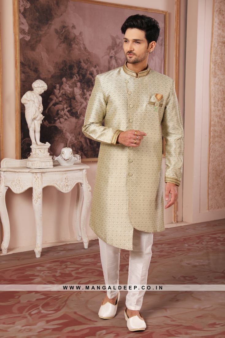 men s peach nawabi indo western sherwani with art silk pant 55838