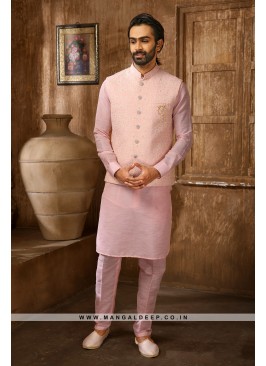 Men's Pink Ethnic Motifs Kurta with Pyjamas & Nehru Jacket