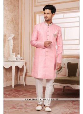 Men's Pink Nawabi Indo Western Sherwani With Art Silk Pant