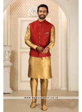 Men's Red & Gold Ethnic Motifs Kurta with Pyjamas & Nehru Jacket