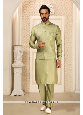 Men's Light Mehendi Ethnic Motifs Kurta with Pyjam