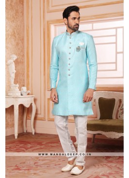 Men's Sky Blue Nawabi Indo Western Sherwani With Art Silk Pant