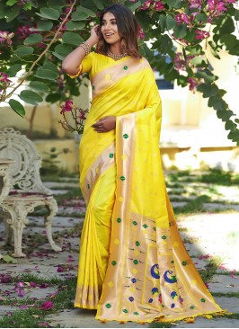 Mesmeric Banarasi Silk Yellow Contemporary Style Saree