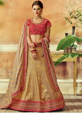 Mesmeric Beige Resham Jacquard Silk Lehenga Choli