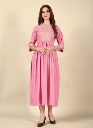 Mesmeric Cotton Embroidered Pink Designer Kurti