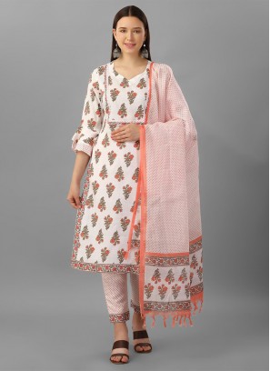 Mesmeric Cotton Off White Printed Readymade Salwar Kameez