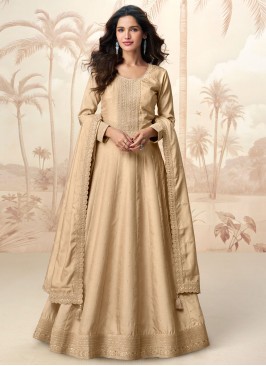 Mesmeric Embroidered Silk Beige Readymade Trendy Gown 