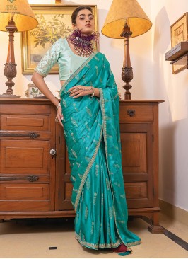 Mesmeric Embroidered Turquoise Traditional Saree