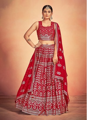 Mesmeric Georgette Sequins Red Trendy Lehenga Choli