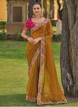 Mesmeric Mustard Embroidered Trendy Saree