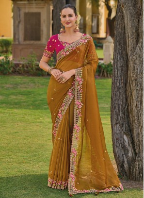 Mesmeric Mustard Embroidered Trendy Saree