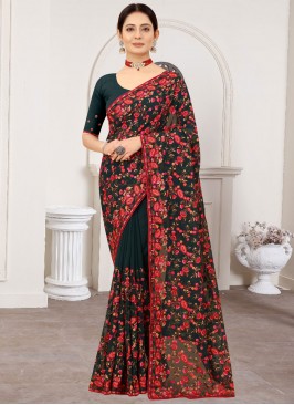 Mesmeric Resham Green and Teal Trendy Saree