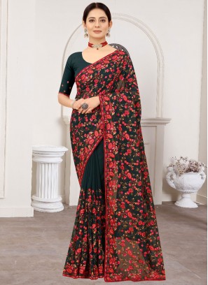 Mesmeric Resham Green and Teal Trendy Saree