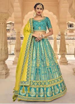 Mesmeric Resham Turquoise Banarasi Silk Lehenga Choli