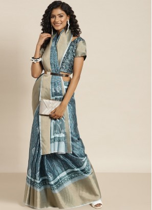 Mesmeric Silk Blend Weaving Grey Designer Saree