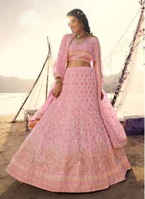 Mesmeric Thread Pink Organza A Line Lehenga Choli