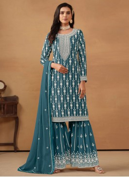 Mesmerizing Faux Georgette Embroidered Teal Palazzo Salwar Kameez