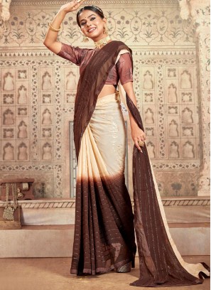 Mesmerizing Foil Print Georgette Brown Trendy Saree