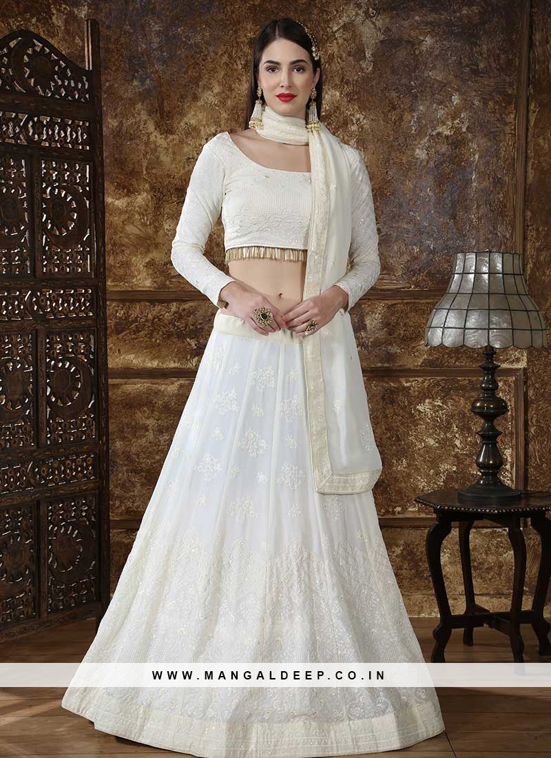 White Color Paper Mirror And Thread Embroidery Work Georgette Two Piece Lehenga  Choli Set