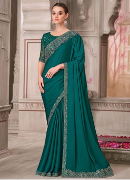 Mesmerizing Thread Green and Teal Satin Silk Traditional Saree