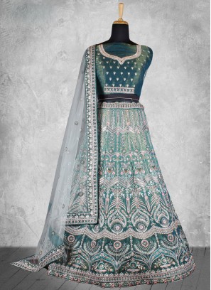 Mesmerizing Velvet Zari Teal A Line Lehenga Choli
