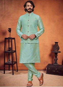 Mint Green Color Mens Kurta With Jacket