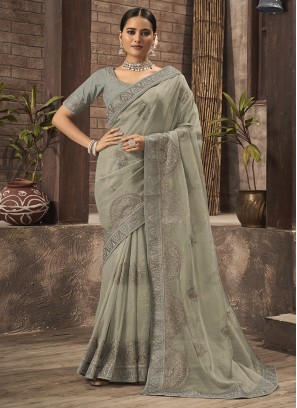 Mint Green Colour Organza Saree