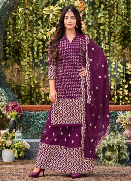 Miraculous Faux Georgette Wine Embroidered Trendy Palazzo Salwar Kameez