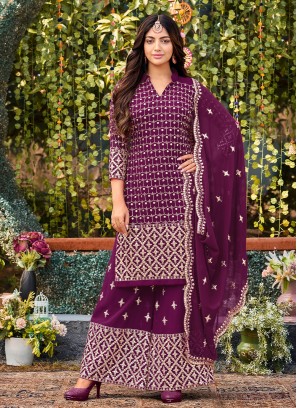 Miraculous Faux Georgette Wine Embroidered Trendy Palazzo Salwar Kameez