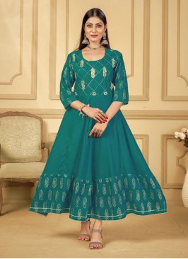 Miraculous Firozi Embroidered Rayon Trendy Gown