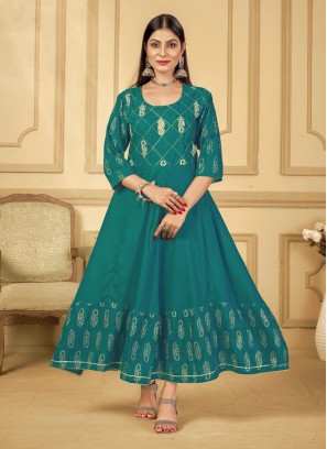 Miraculous Firozi Embroidered Rayon Trendy Gown