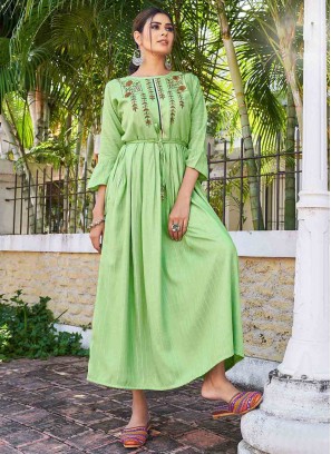 Miraculous Green Embroidered Rayon Party Wear Kurti