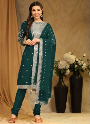 Miraculous Green Faux Georgette Churidar Salwar Kameez