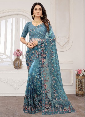 Miraculous Net Resham Blue Trendy Saree