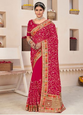 Miraculous Pink Embroidered Faux Georgette Trendy Saree