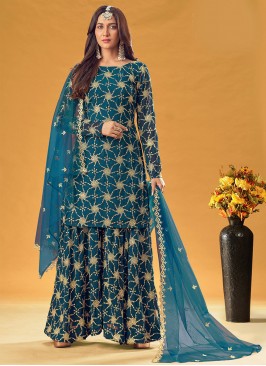 Miraculous Teal Embroidered Readymade Designer Sal