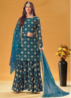 Miraculous Teal Embroidered Readymade Designer Salwar Suit