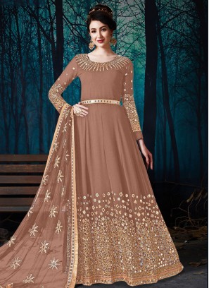 Mirror Faux Georgette Floor Length Designer Suit in Brown
