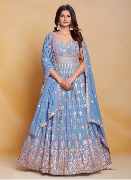 Mirror Georgette Readymade Gown in Aqua Blue