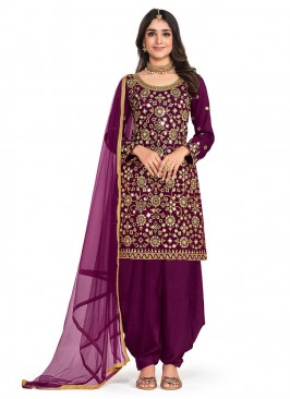 Mirror Silk Patiala Salwar Suit in Purple