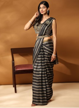 Mod Georgette Satin Black and Green Contemporary Saree