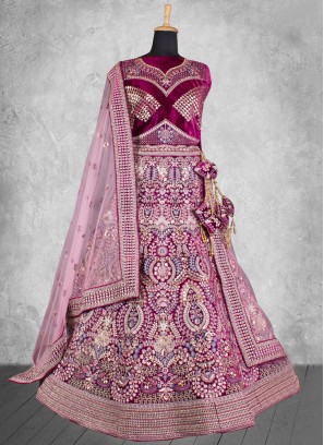 Mod Maroon and Rani Velvet A Line Lehenga Choli