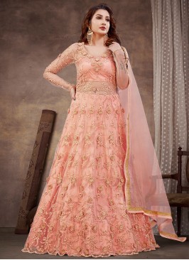 Mod Peach Handwork Net Floor Length Salwar Kameez