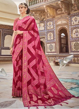 Mod pure-dola Lace Pink Contemporary Style Saree