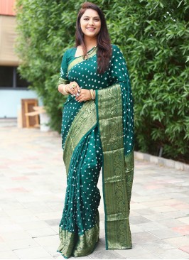 Mod Pure Silk Teal Bandhej Contemporary Saree