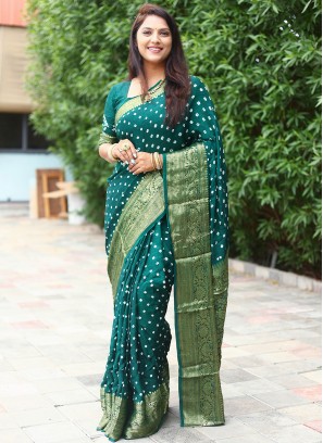 Mod Pure Silk Teal Bandhej Contemporary Saree