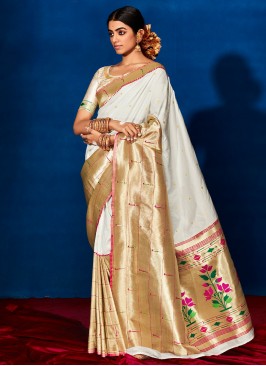 Mod White Printed Silk Classic Saree